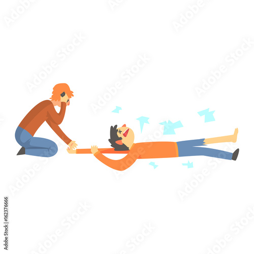 Dead man after a car accident, woman calling the emergency service cartoon characters vector Illustration