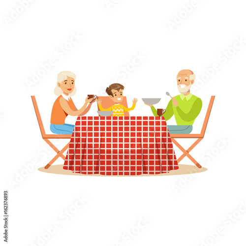 Grandmother, grandfather and grandson having lunch outdoors, happy family characters at a picnic vector Illustration