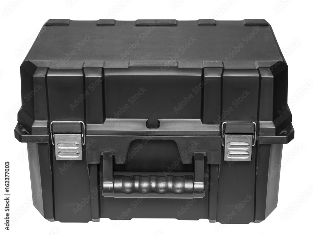 Closed black plastic tool box, isolated on white background. Closed black plastic tool box, isolated on white background.