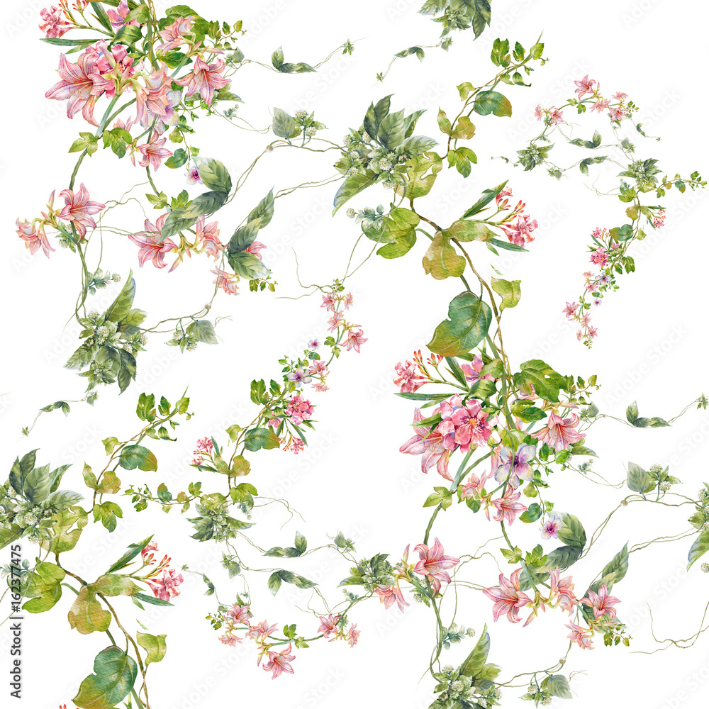 Watercolor painting of leaf and flowers, seamless pattern on white background Watercolor painting of leaf and flowers, seamless pattern on white background