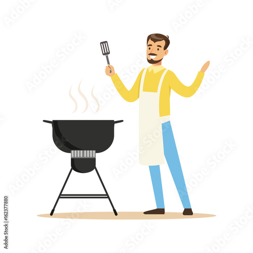 Smiling man in apron preparing barbecue on a grill vector Illustration