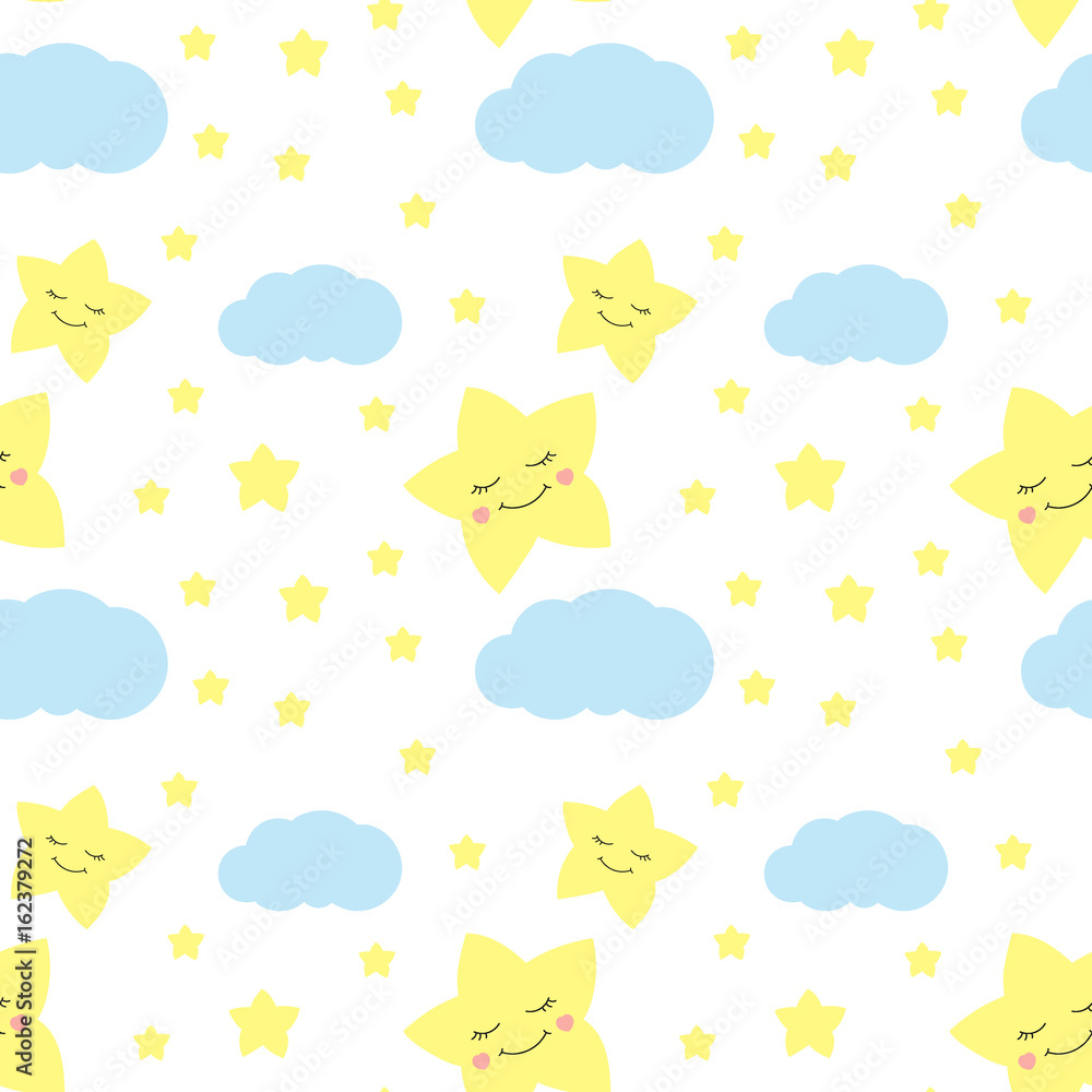 Cute baby star pattern vector seamless. Kids print with eyelash stars and clouds. Night background for children birthday card, fabric or wallpaper, baby shower invitation template.