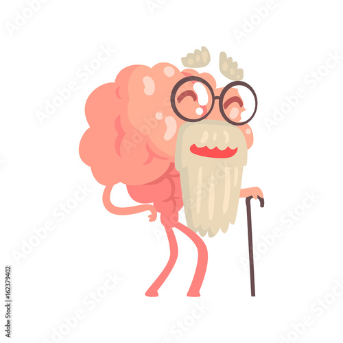 Humanized gray bearded old cartoon brain character walking with a cane, intellect human organ vector Illustration