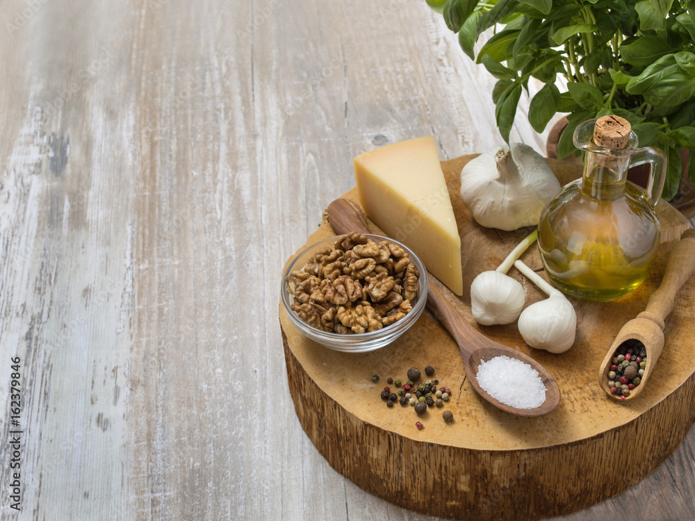 Ingredients for the preparation of Italian pesto sauce. Ingredients for the preparation of Italian pesto sauce.