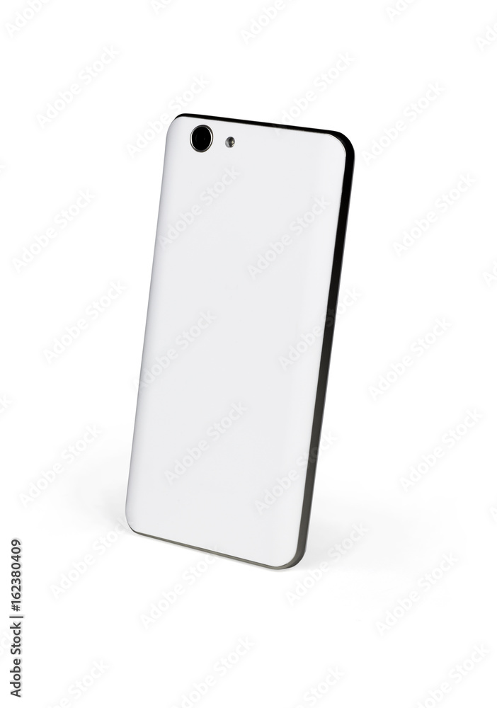 White mat mobile smart phone with dark metal frame standing on white background viewed from back side. Isolated with clipping path White mat mobile smart phone with dark metal frame standing on white background viewed from back side. Isolated with clipping path