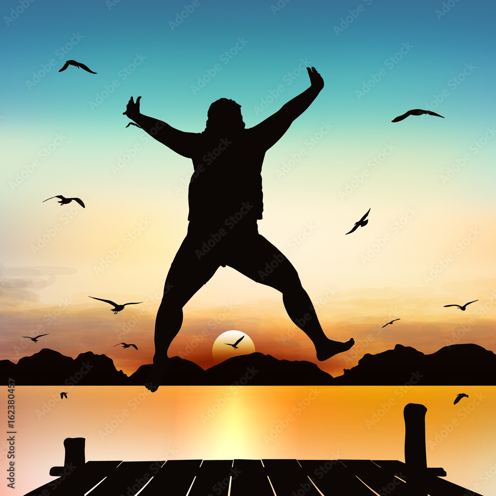 Silhouette and jumping girl in the twilight with blue sky. Silhouette and jumping girl in the twilight with blue sky.