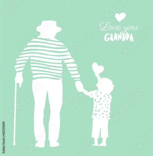 Happy Grandparents Day flyer, banner or poster, silhouette of a grandfather holding his grandson hand. Vector illustration