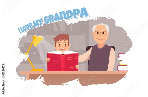 Happy Grandpa and little boy reading book together at home. Grandparents day design. Vector illustration