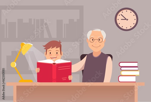 Happy Grandpa and little boy reading book together at home. Vector illustration