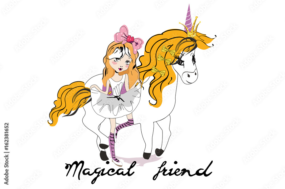 Fototapeta premium Cartoon fashion little girl with a bow and her magical friend unicorn. 