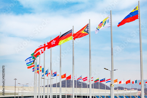 Flags of countries. different countries on the flagpole