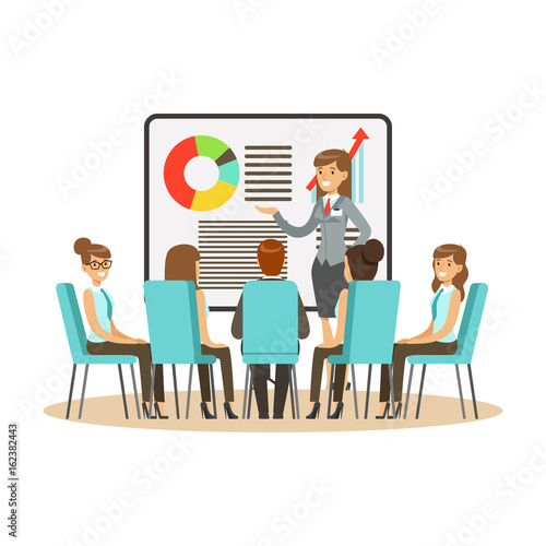 Businesswoman in suit making presentation and explaining chart on a whiteboard, business meeting in an office vector Illustration