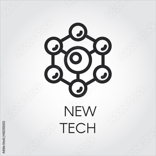Scientific spherical particles icon in linear style on a gray background. Connection molecular structure. Logo of new tech concept. Vector illustration
