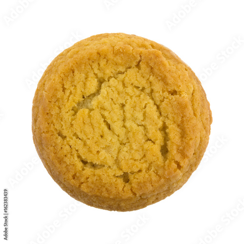 Top view of a sugar cookie with hazelnut filling isolated on a white background.