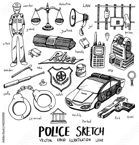 Police Doodle Sketch line icon vector set eps10