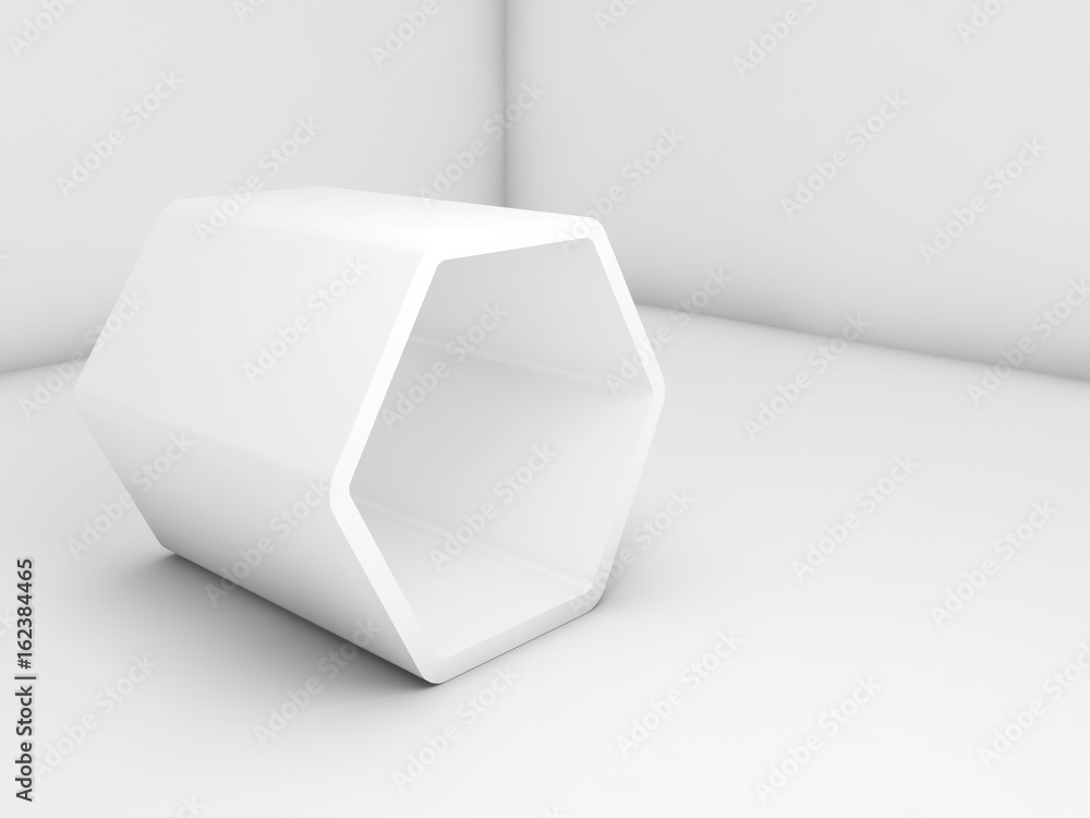 White hexagonal installation in empty interior, 3 d White hexagonal installation in empty interior, 3 d