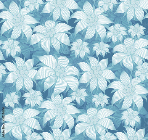 Seamless floral pattern. On blue background there are blue flowers of edelweiss  water lily  lotus. For postcard  invitations  textiles  clothes  wrapping paper  wallpaper  interior design of room.