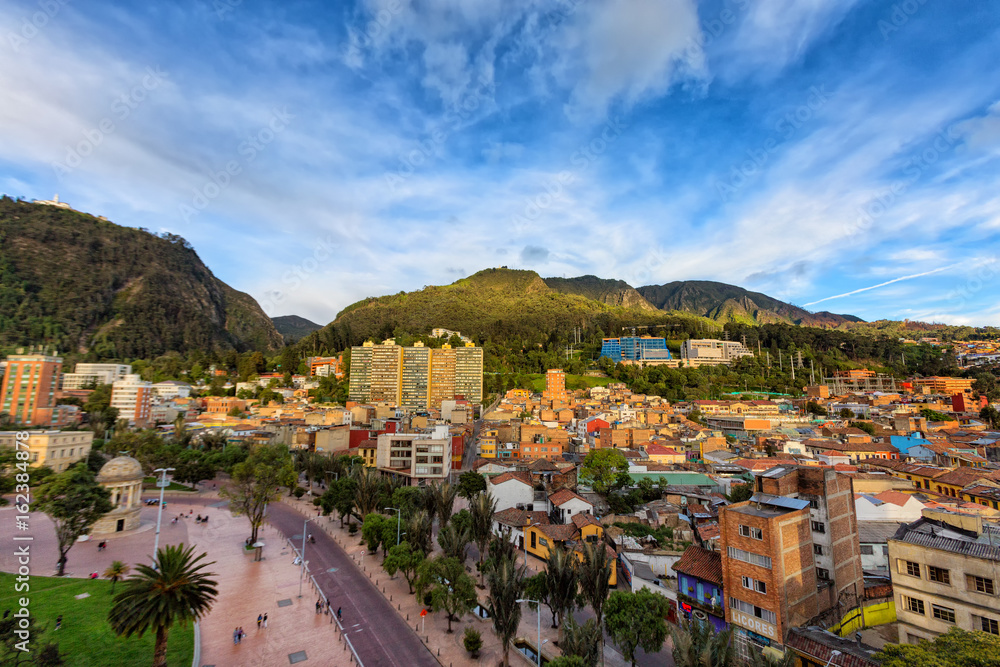 View of Journalist's Park with Monserrate and the candelaria district of Bogota, Colombia.