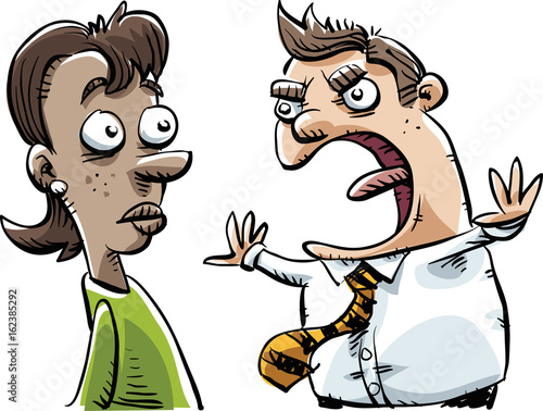 A cartoon of an angry male boss yelling at a woman employee.