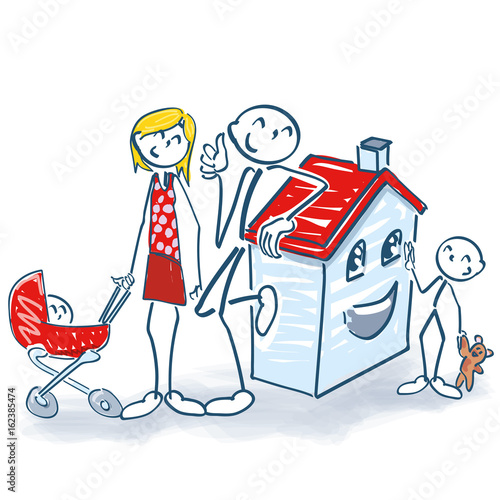 Strichmännchen mit Haus und Kleinfamilie