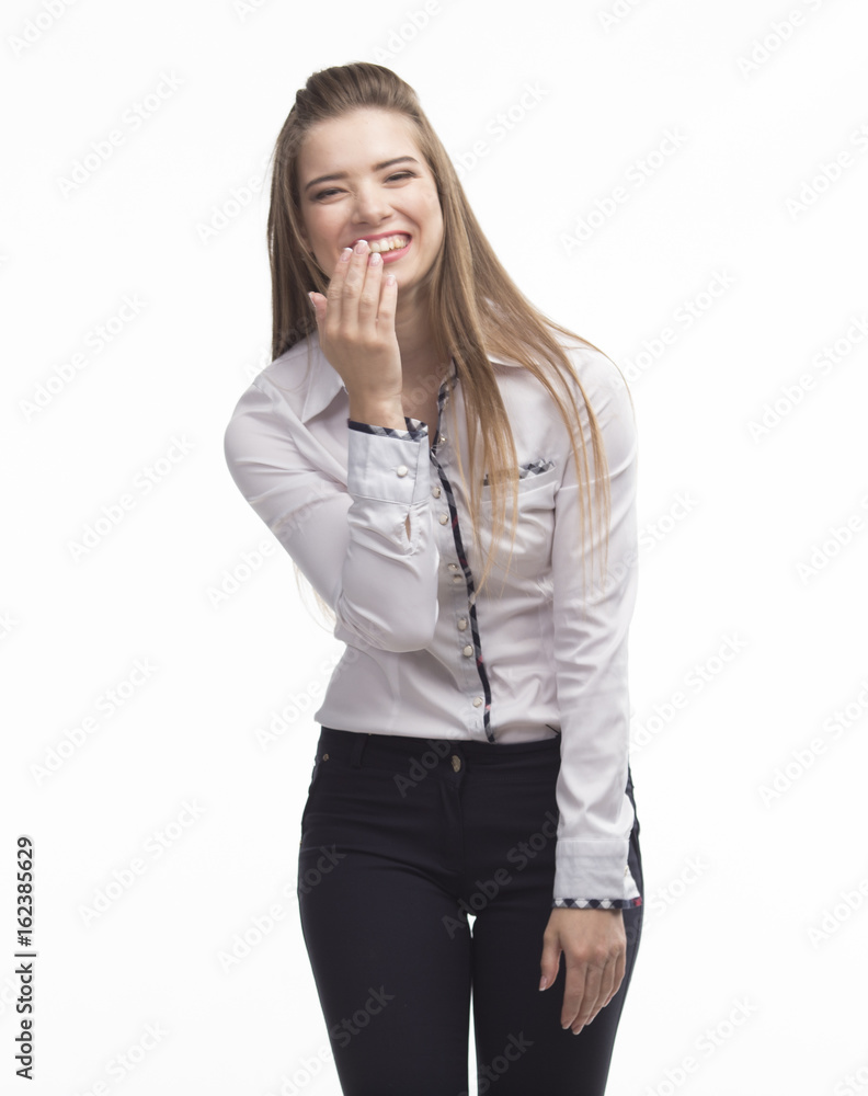 Young happy woman portrait of a confident businesswoman on a gray background. Ideal for banners, registration forms, presentation, landings, presenting concept.. Young happy woman portrait of a confident businesswoman on a gray background. Ideal for banners, registration forms, presentation, landings, presenting concept..