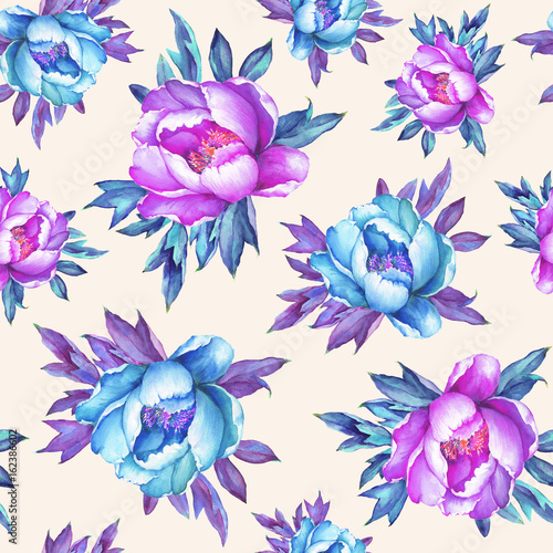 Floral seamless pattern with flowering pink and blue peonies, on peach background. Watercolor hand drawn painting illustration. Pop-art style, isolated. Design for fabric, wrap paper or wallpaper.
