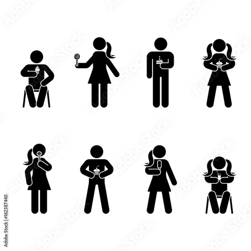 Stick figure different eating position set. Vector illustration of snack person icon symbol sign pictogram on white