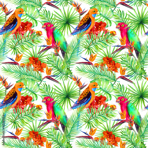 Parrots, exotic leaves, jungle flowers. Tropical forest. Repeating pattern. Watercolour © zzorik