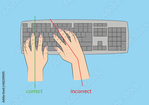 correct and incorrect position of hands to work on the keyboard. vector illustration.
