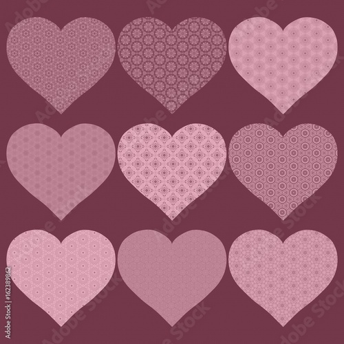 Background with nine hearts with different patterns