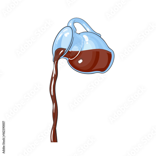 Drawing of chocolate milk, cocoa drink pouring from transparent glass jar, sketch vector illustration isolated on white background. Hand drawn glass jar with chocolate milk pouring from it