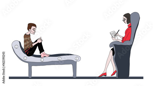 A psychotherapist and her patient on the couch. Man and woman.