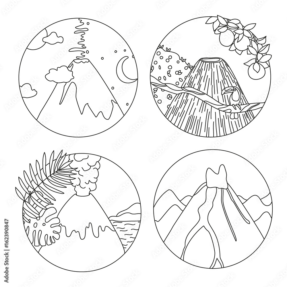 Coloring book page with volcanoes