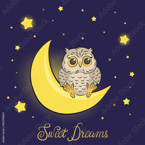 Cute cartoon owl on the moon. Sweet dreams vector illustration