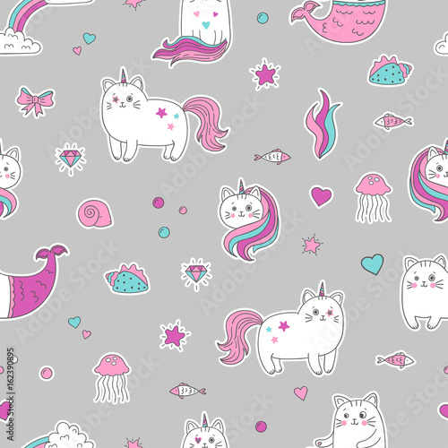 Cute cat unicorn mermaid patches seamless pattern. Vector trendy background.