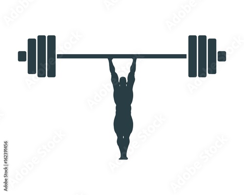 Bodybuilder and huge barbell silhouettes. Icon of the posing athlete. Superman and hardwork metaphor