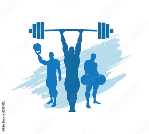 The collection of 3 Body building silhouette. Bodybuilders posing on grunge brush stroke backdrop. Barbell and kettlebell equipment