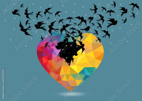 black bird flying out from heart blue background. freedom concept abstract colorful triangle. geometric pattern. vector illustration.