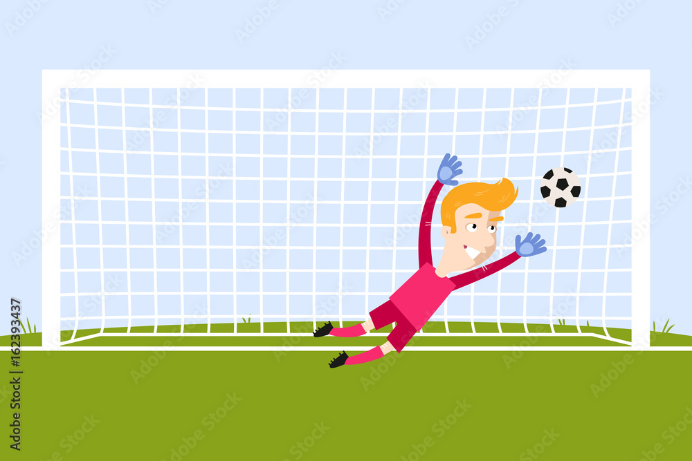 Brave blond caucasian cartoon goalkeeper jumping to save a penalty kick  Stock Vector | Adobe Stock