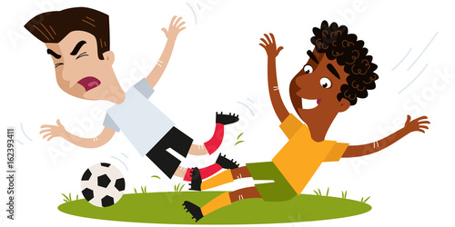African footballer tackling asian opponent on football field isolated on white background