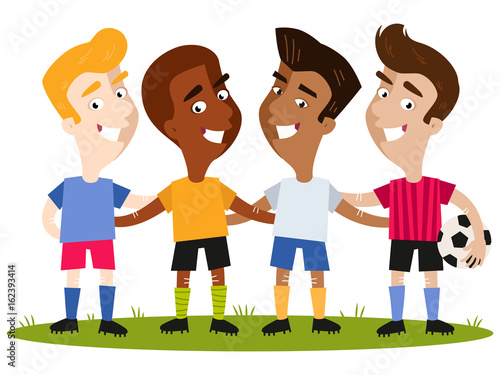 Group of four happy multinational cartoon footballer friends in colorful shirts and shorts standing on football field with one holding a ball isolated on white background