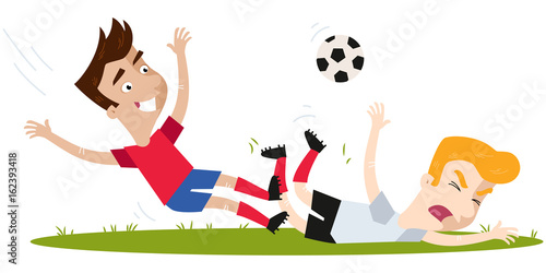 Aggressive footballer tackling blond opponent on football field isolated on white background