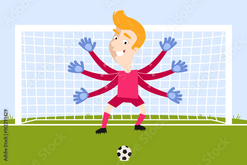 Conceptual illustration of over-sized brave blond caucasian cartoon goalkeeper with flailing arms waiting for penalty kick