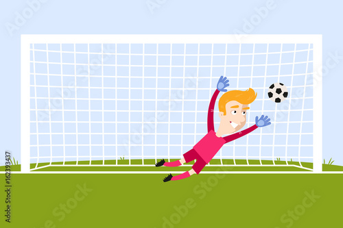 Brave blond caucasian cartoon goalkeeper jumping to save a penalty kick