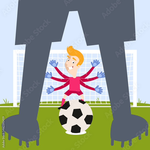 Illustration of over-sized brave blond caucasian cartoon goalkeeper with flailing arms waiting for footballer (shown as silhouette ) to take penalty kick