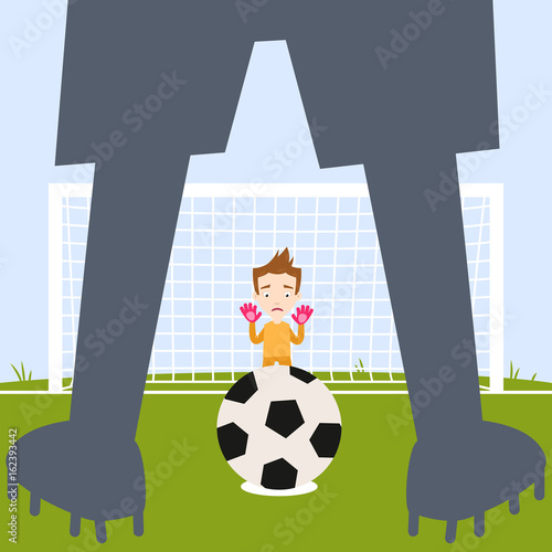 Illustration of anxious caucasian cartoon goalkeeper waiting for footballer (shown as silhouette) to take penalty kick