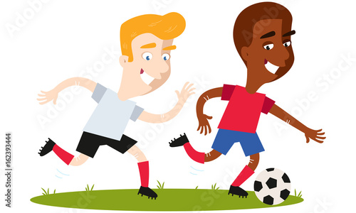 One-on-one battle of football players running and chasing after ball isolated on white background