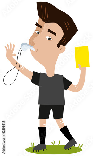 Cartoon referee dressed all black blowing whistle and holding yellow card isolated on white background