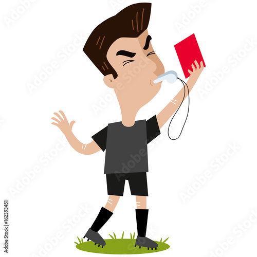 Cartoon referee blowing whistle and holding red card isolated on white background