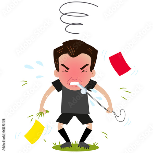 Desperate and angry cartoon referee turned red blowing whistle and raging with yellow and red cards and grass all around isolated on white background